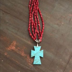 Red beaded Turquoise Cross Necklace